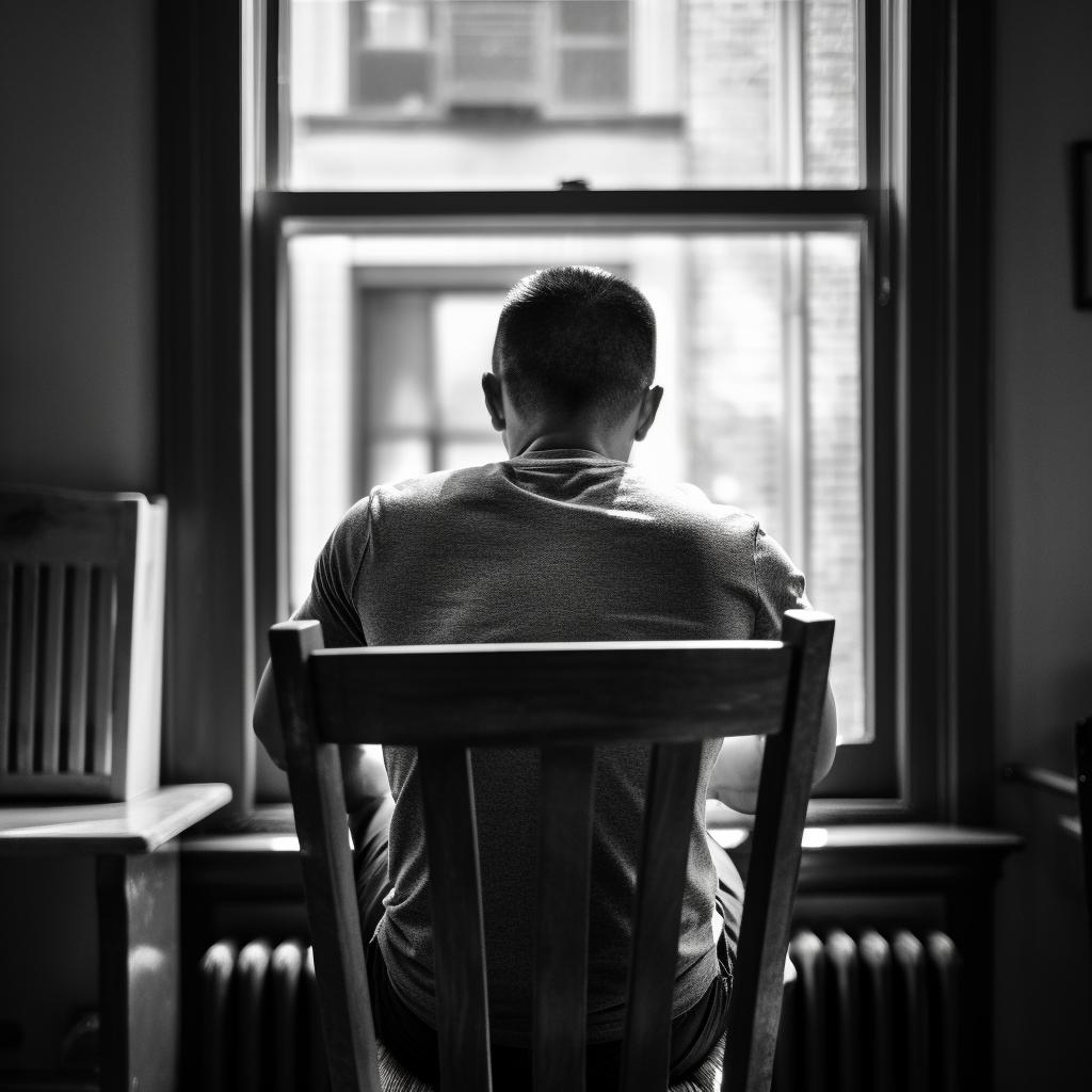 A grayscale photo of a man sitting on a wooden chair in front of a window