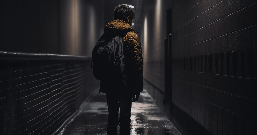 A school child walking alone in a dark alley