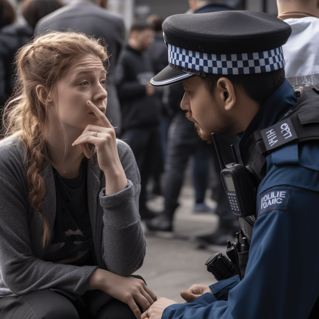 A woman talking to a police officer with a worried expression on her face