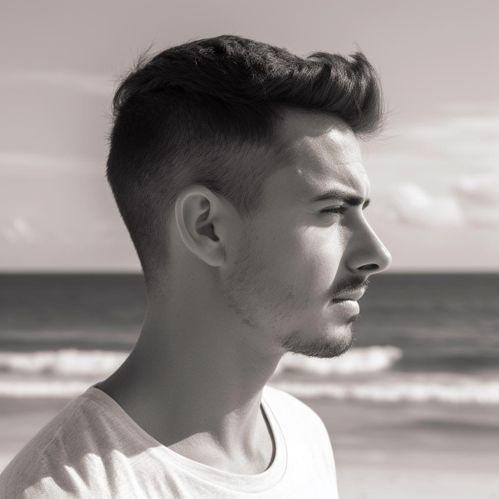 A side profile photo of a man wearing a white t-shirt at the beach