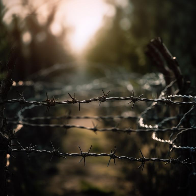 A barbed wire fence outside