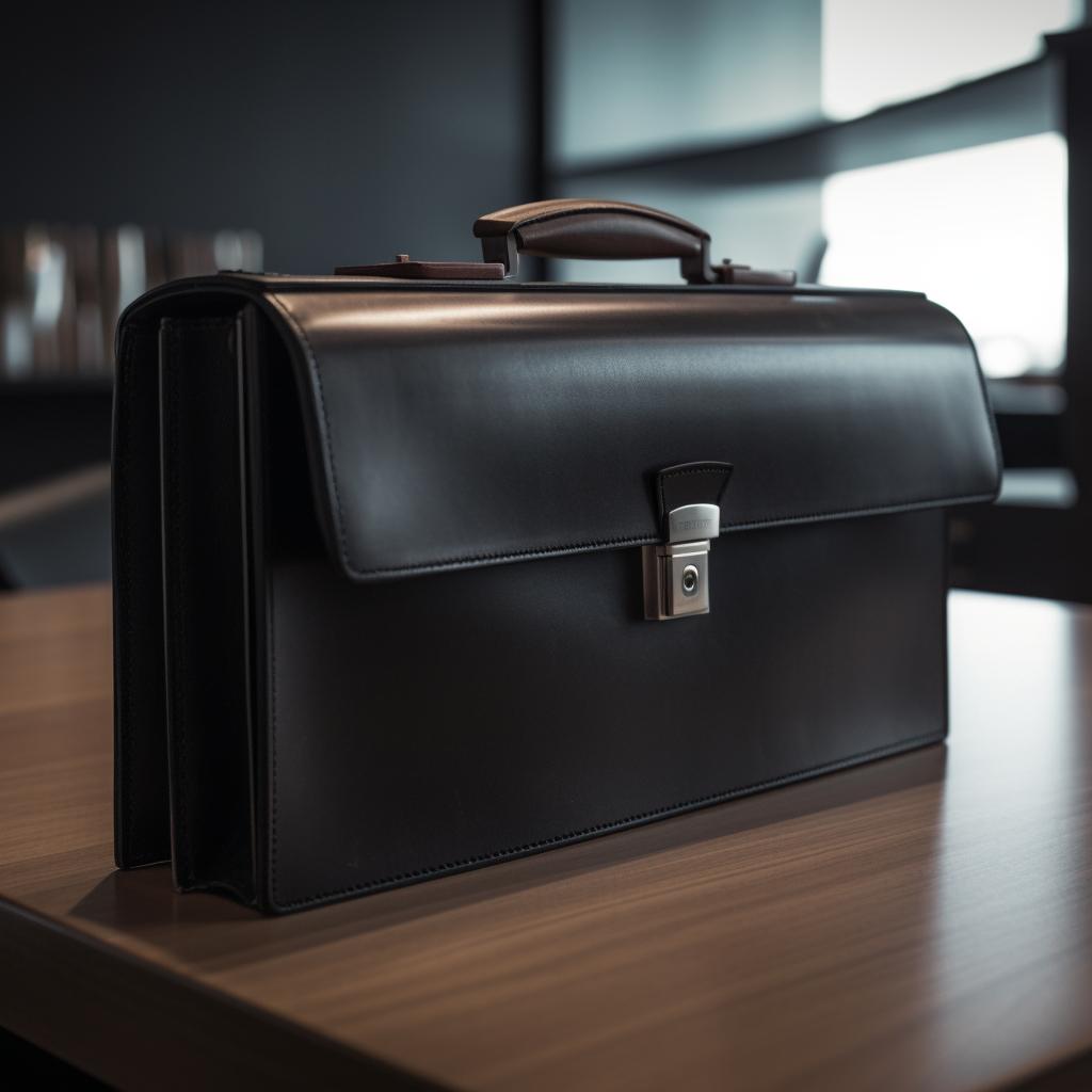 A dark leather briefcase on a wooden desk