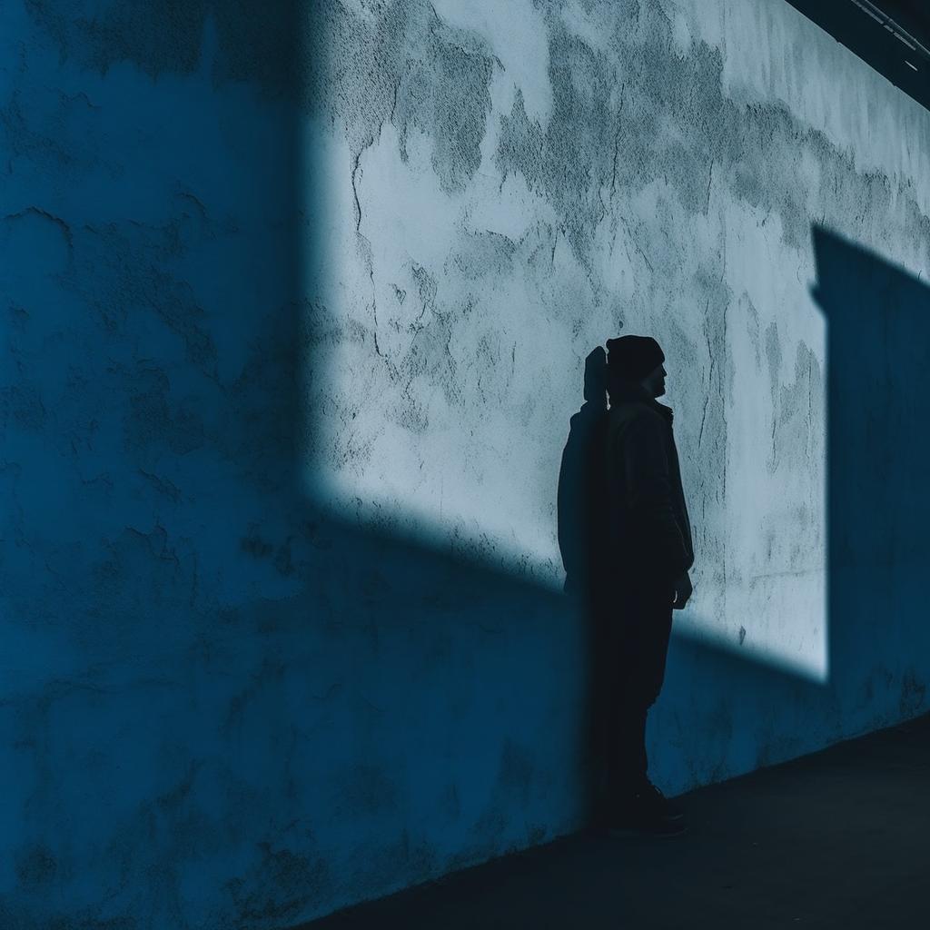 A man wearing a beanie in the shadows standing against a blue wall