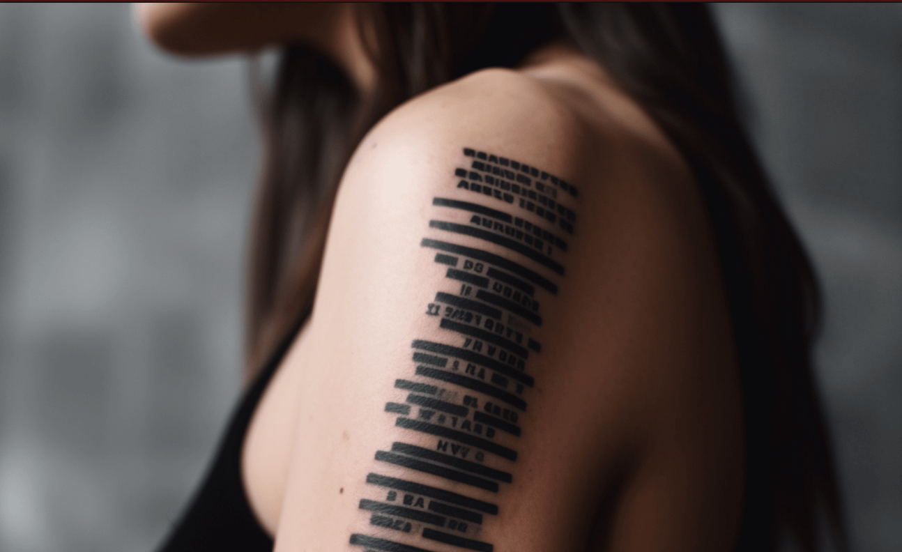 A tattoo that looks like a barcode on a person's arm