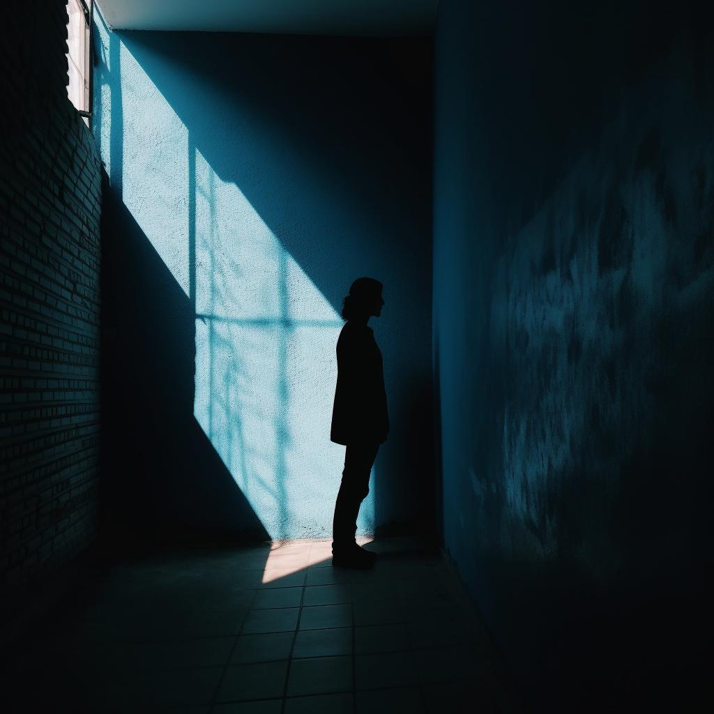 a shadow of a person on a blue wall