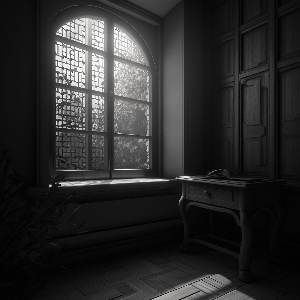 A grayscale photo of a desk in front of a window looking out at trees