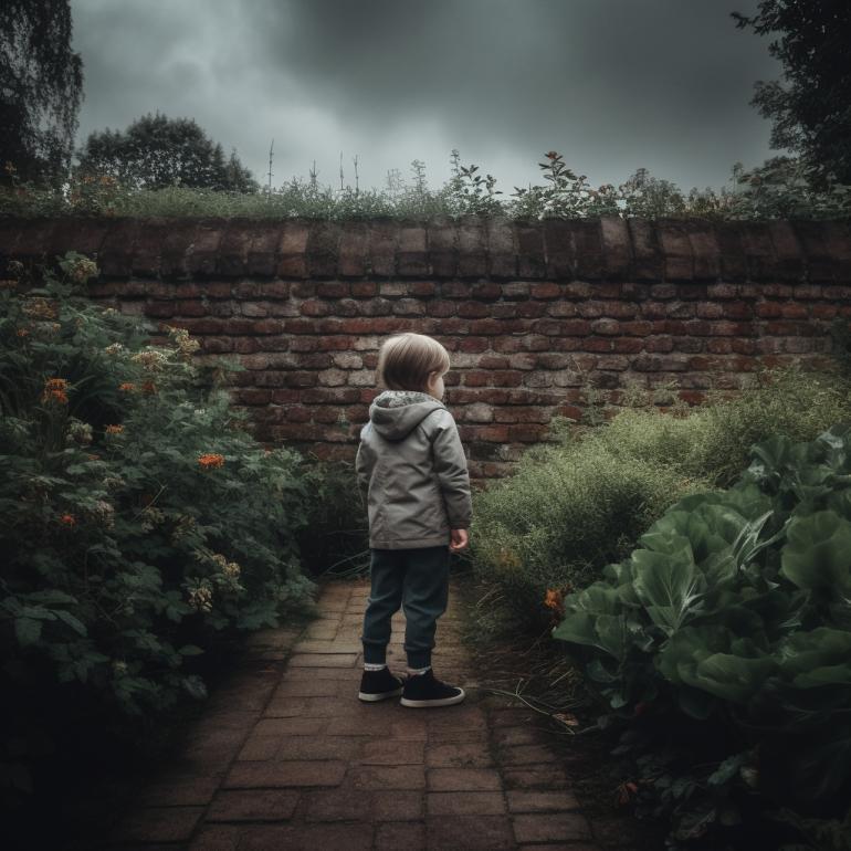 A young blond toddler stands on a brick path in a garden