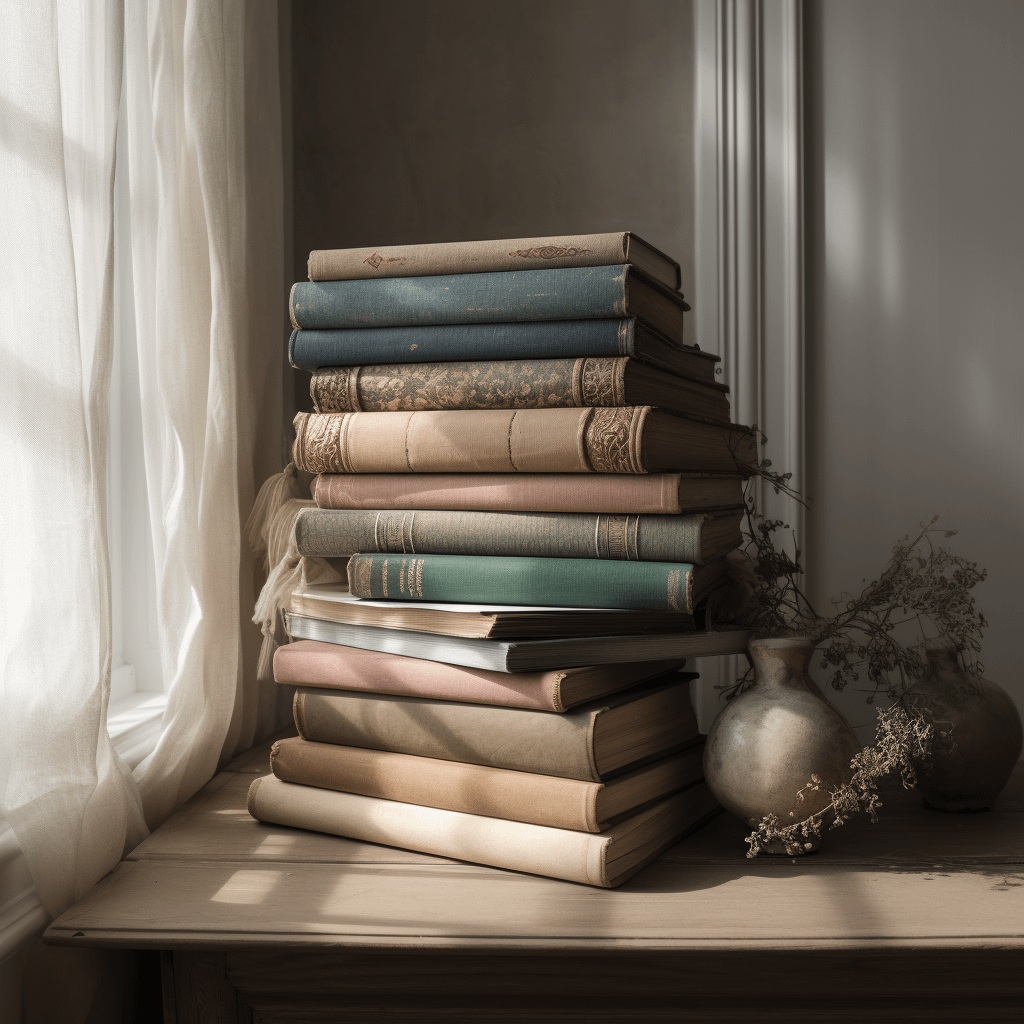 A stack of books on a wooden table with a vase of dried flowers all next to a window with white curtains
