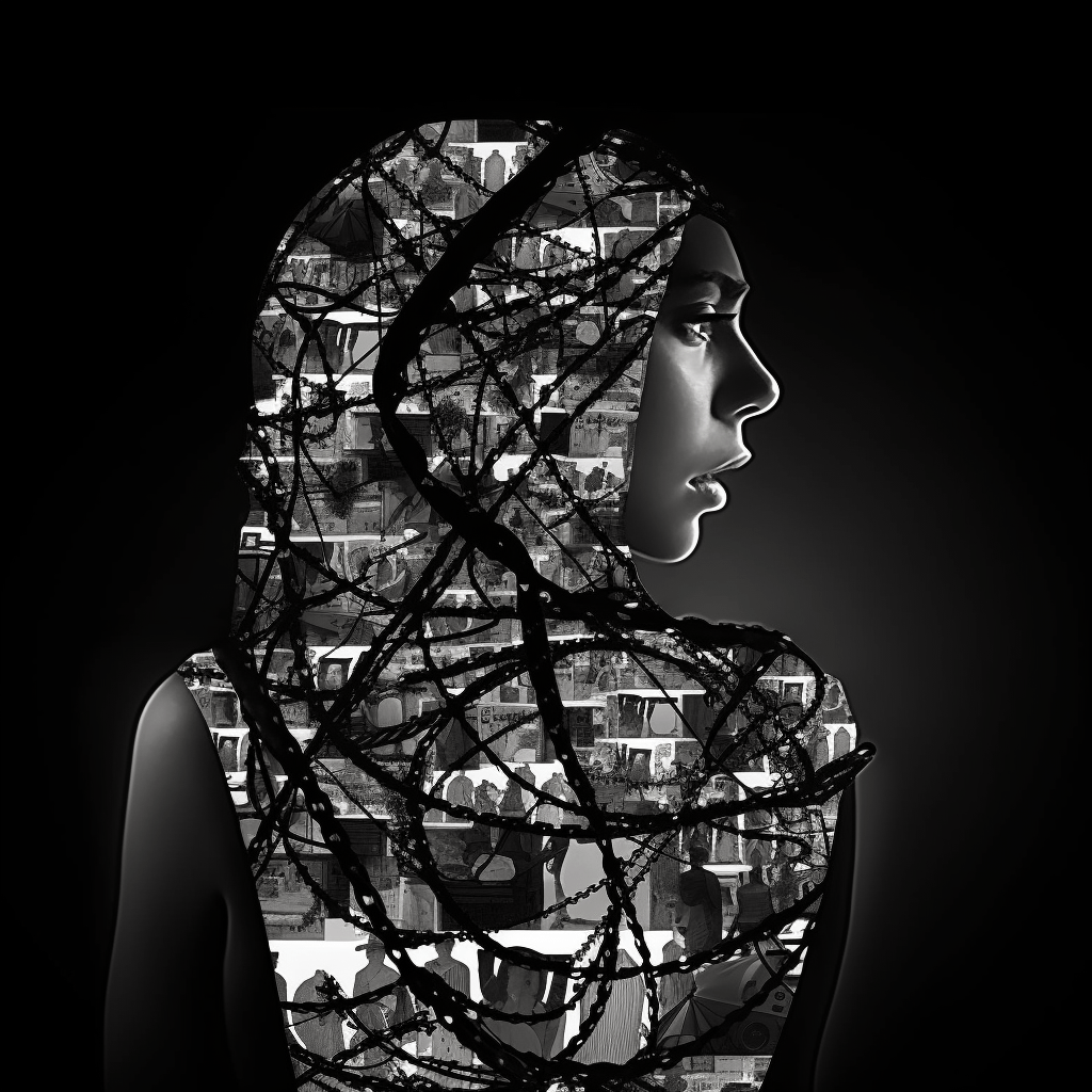 A side profile of a woman wearing a hijab that shows pictures of trafficking. The hijab is also covered in chains to represent trafficking