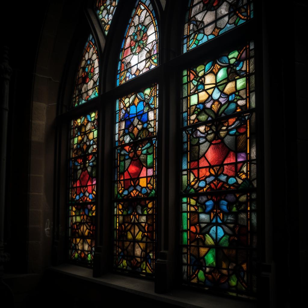 A stained glass window with three panels