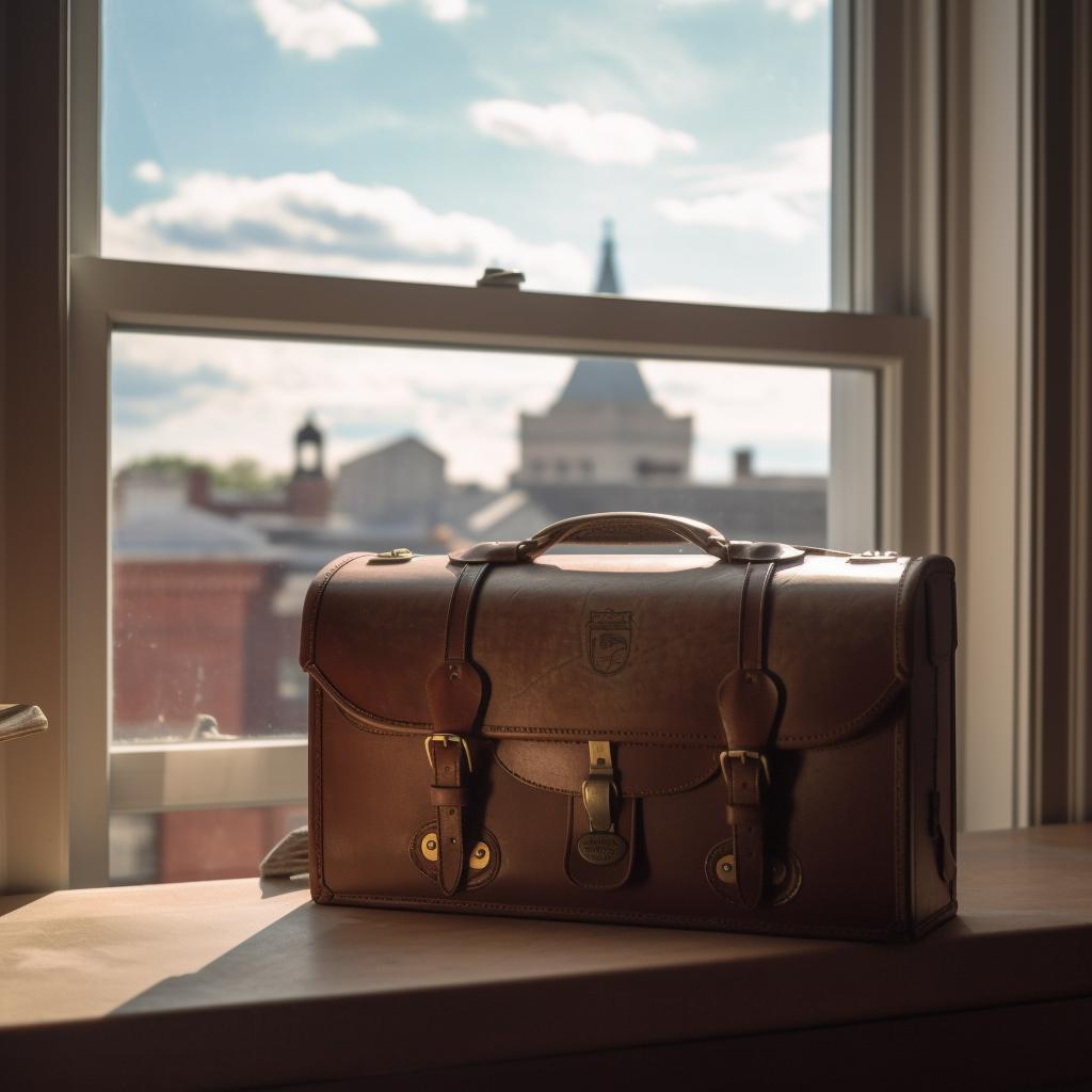 A lawyer's brown leather briefcase on a window ledge with a courthouse in the background