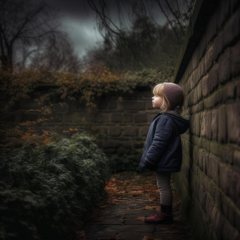 A young girl in a blue winter coat and a purple knit beanie stands inside a walled garden