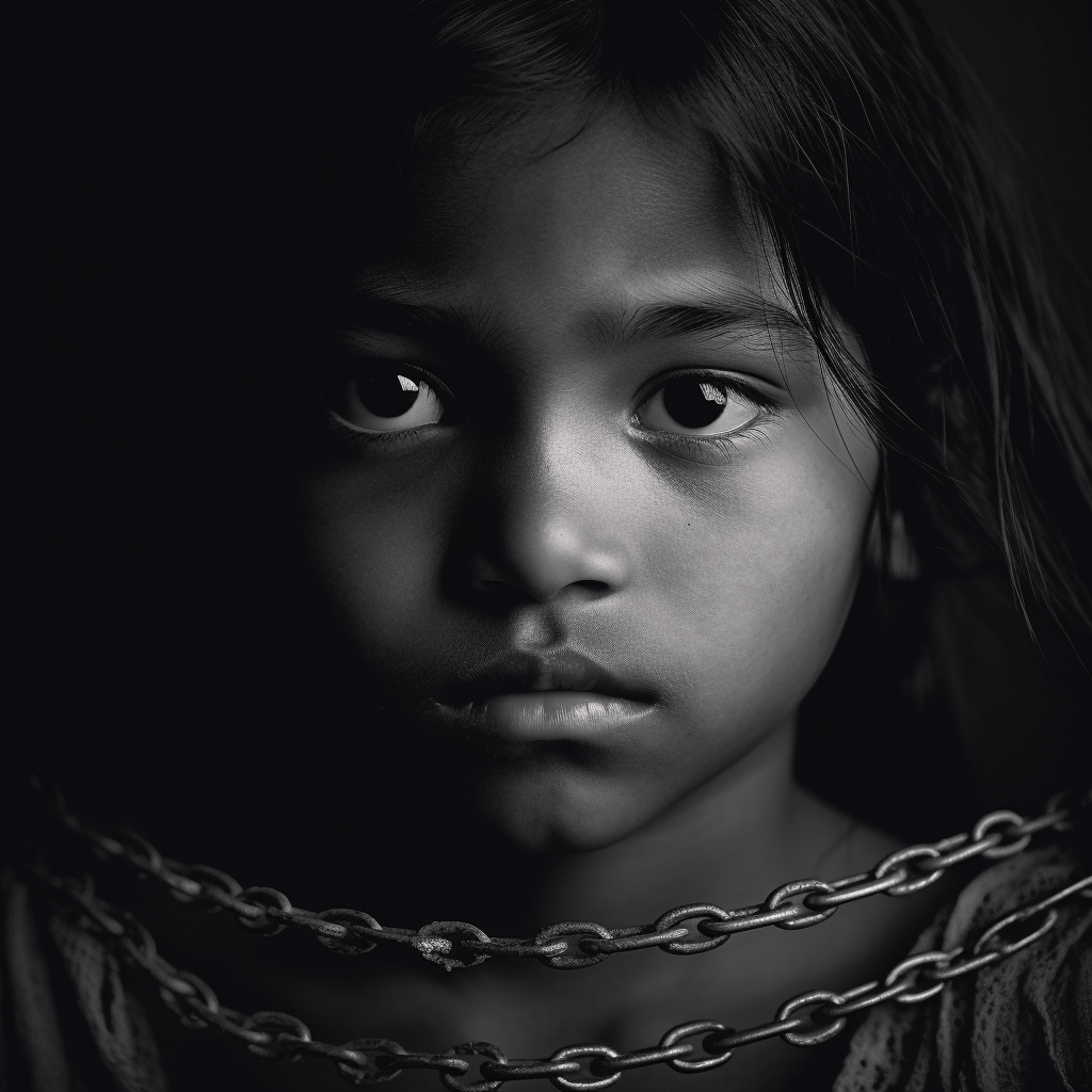 B&W image of a small child in chains