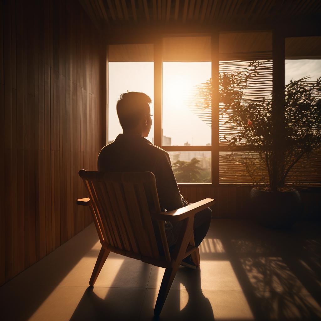 A man sitting in a chair looking out a sunny window