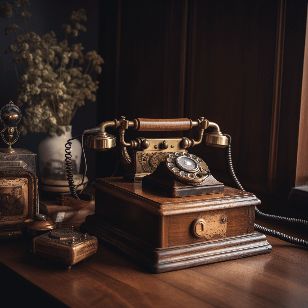 A vintage-style wooden rotary phone on a desk