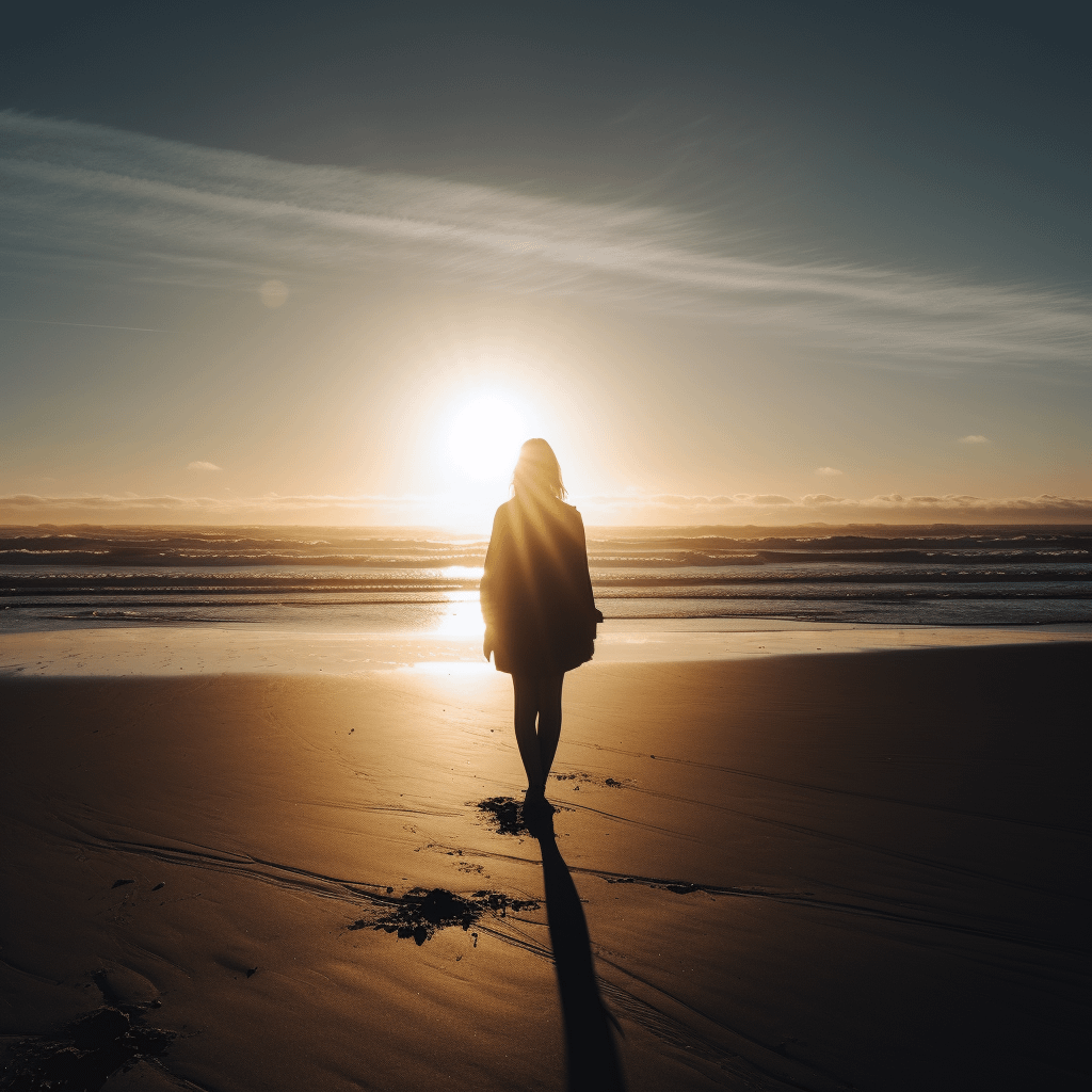A woman walks toward the ocean at sunset