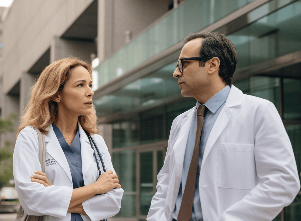 Two doctors speaking to each other outside a hospital