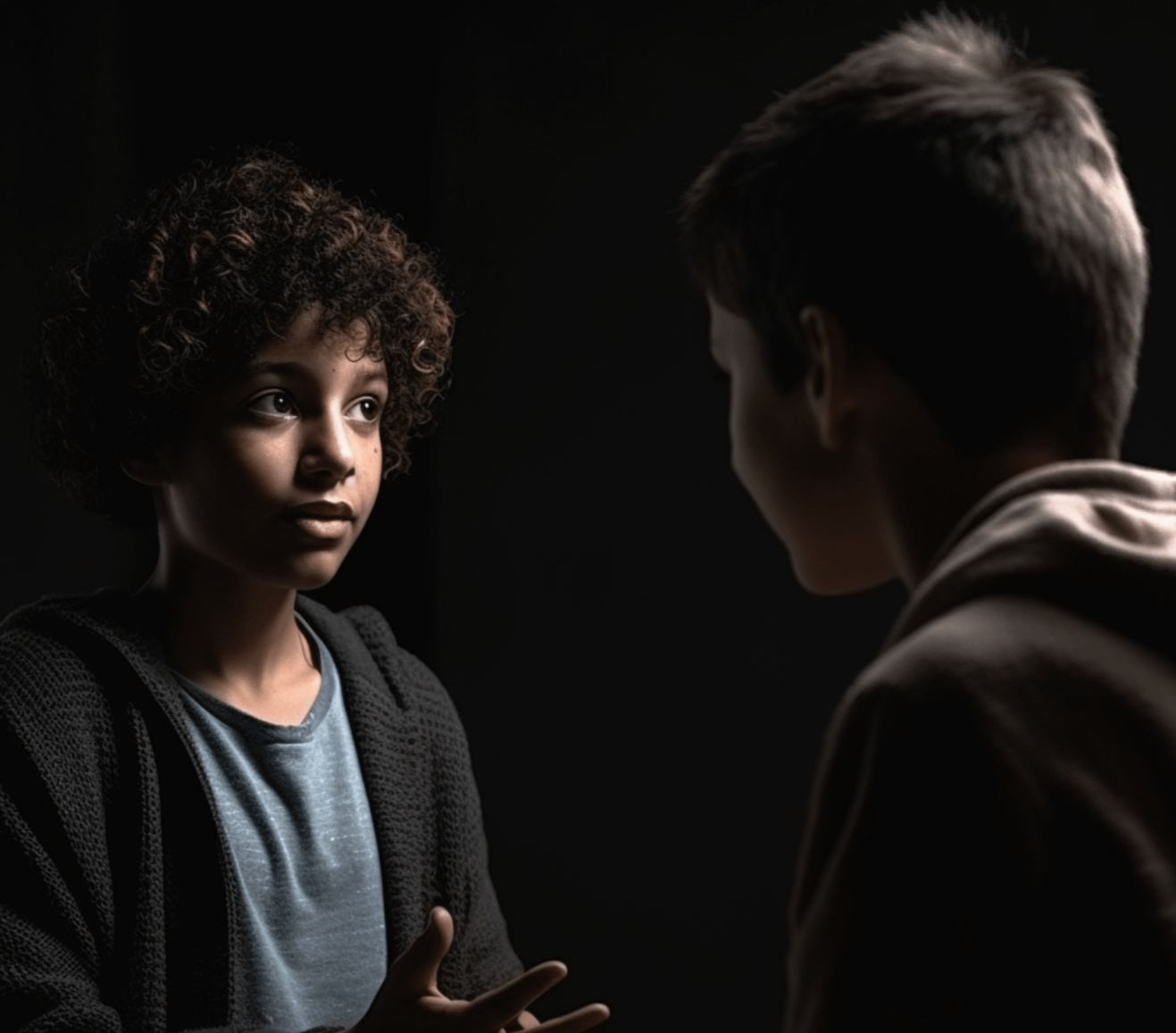 Two children talking to each other; dark background