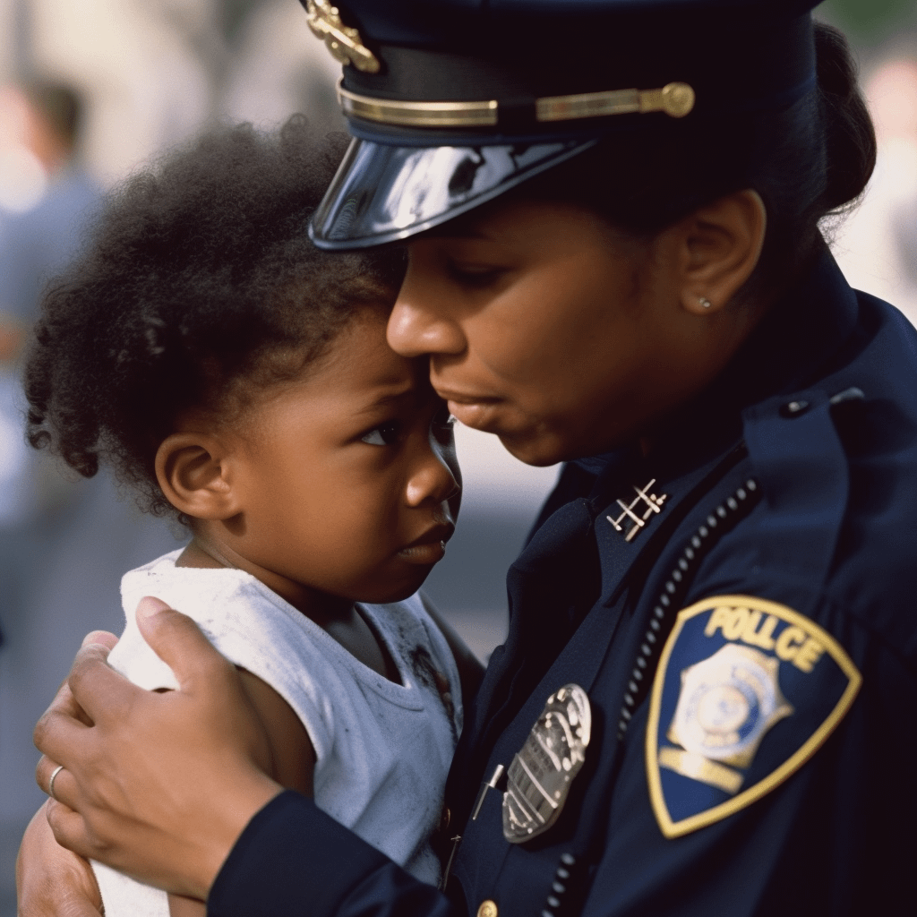 A female police officer consoling a small child
