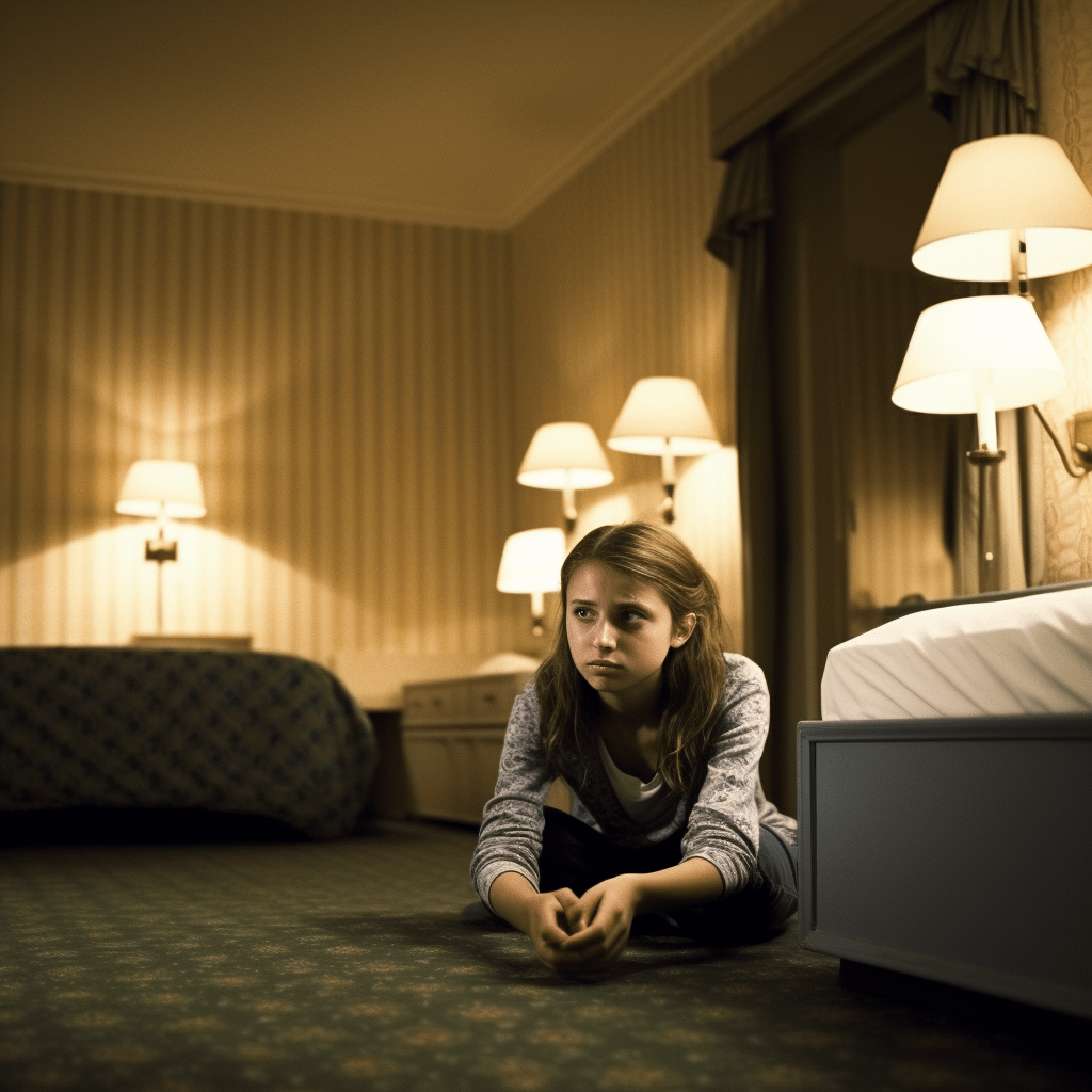 A worried child sitting on the floor of a hotel room