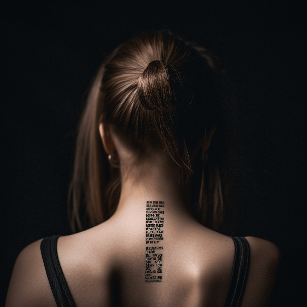 A view of a woman's back who has been branded with a barcode tattoo