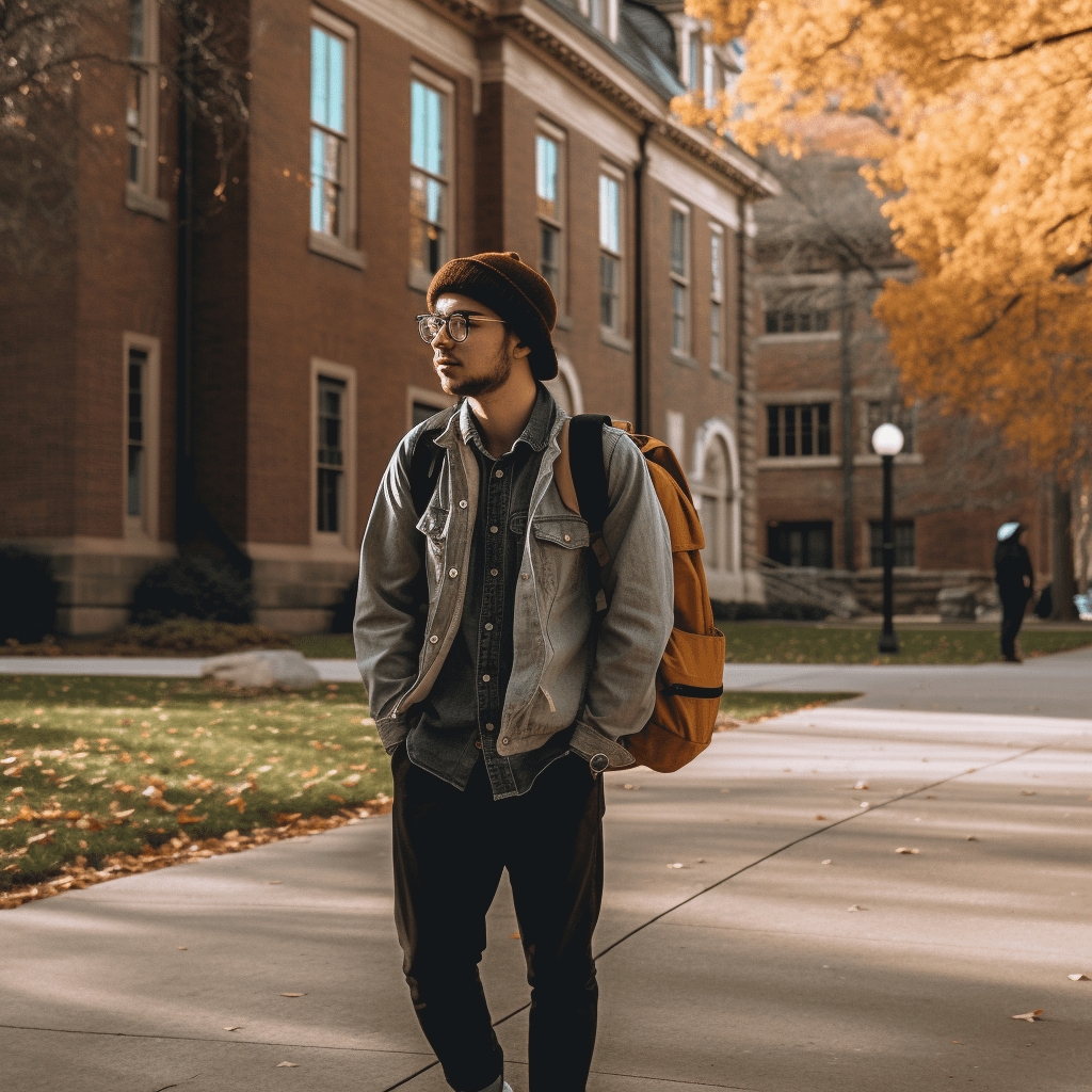 A college student walking on campus; fall background