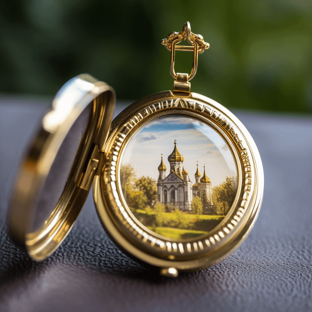 A locket with the picture of a religious institution