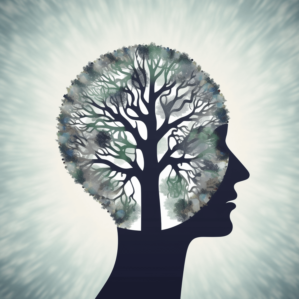 An illustrative image showing a person's brain filled with a tree that is sprouting green leaves