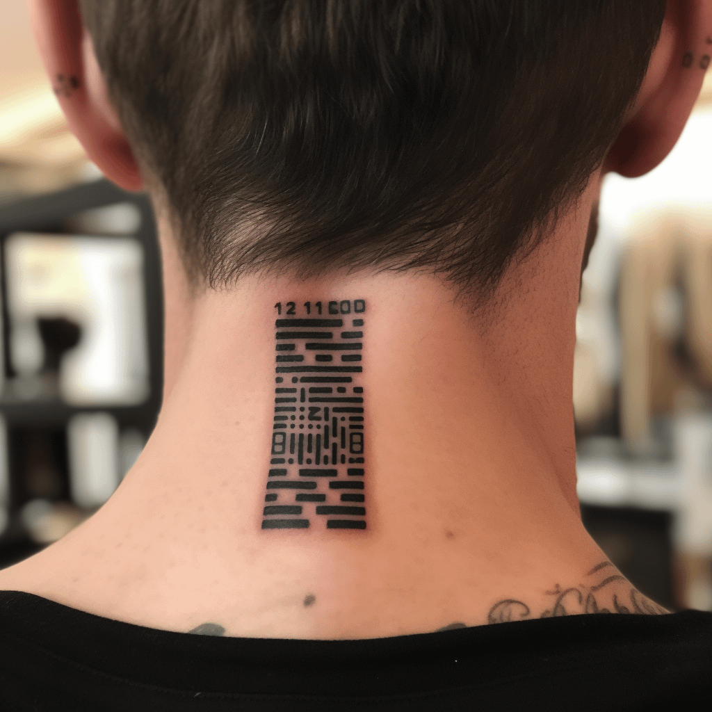 A small tattoo representing a bar code on someone's neck