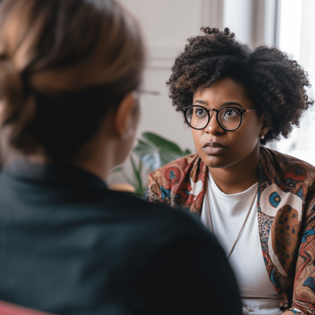 A woman speaking to a therapist