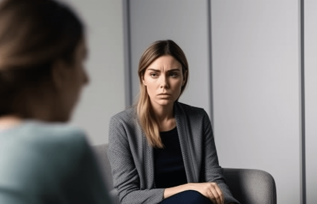 Sad woman sitting in therapist office