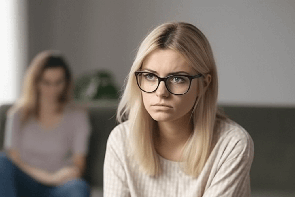 Sad woman sitting in an office with another woman