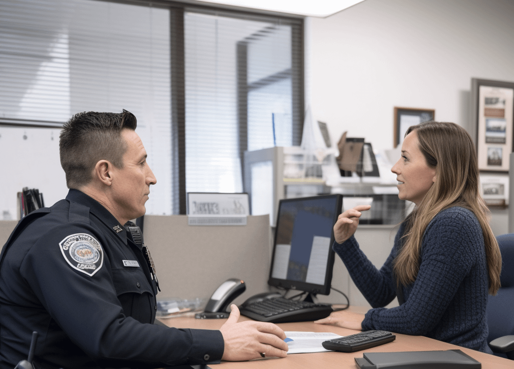 Woman talking to a police officer at the station